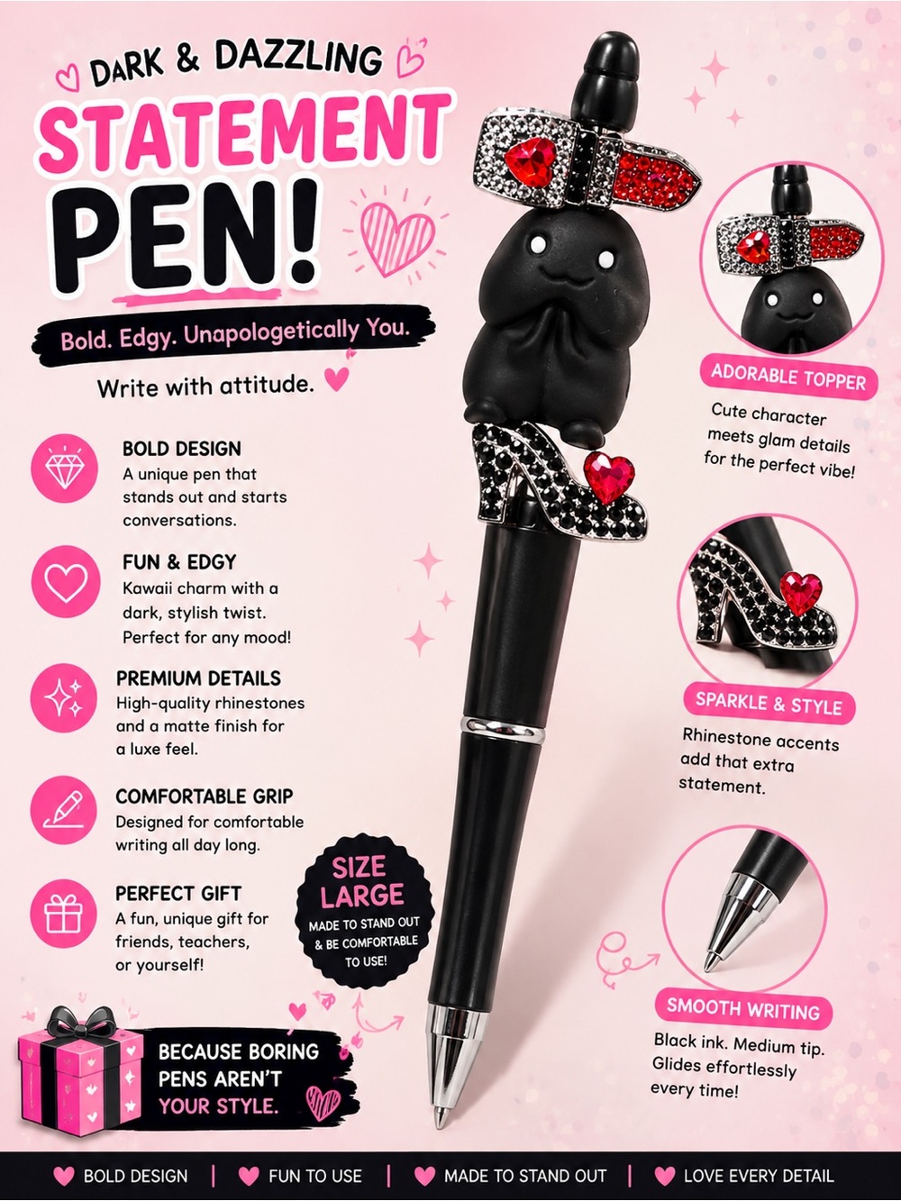 Funny gag gift Hand Crafted Black Pen Topper with Red Rhinestones